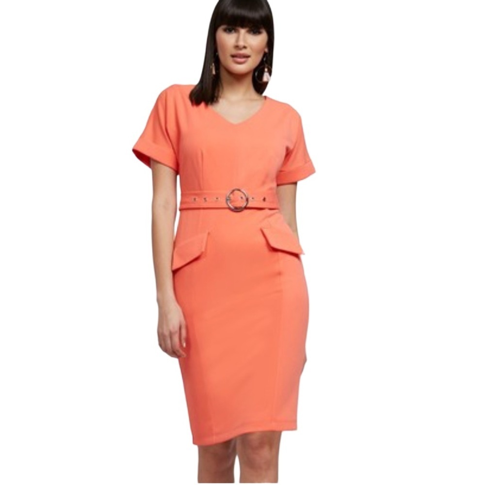 New York & Co Soft Orange Belted V-Neck Classic Midi Dress XS Career Chic New - Picture 14 of 17